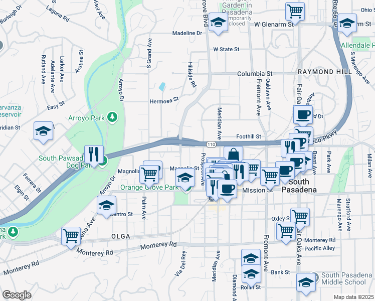 map of restaurants, bars, coffee shops, grocery stores, and more near 821 Grevelia Street in South Pasadena