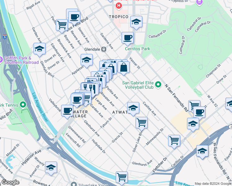 map of restaurants, bars, coffee shops, grocery stores, and more near 3458 La Clede Avenue in Los Angeles