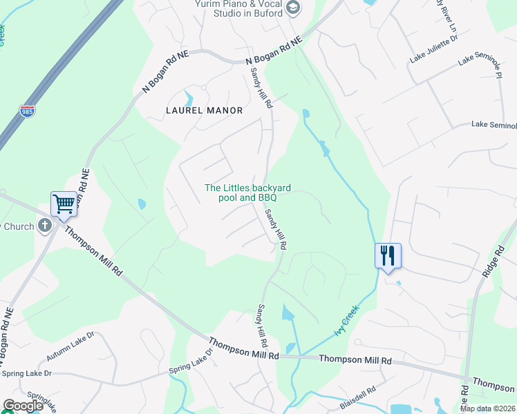 map of restaurants, bars, coffee shops, grocery stores, and more near Copper Creek Way Northeast in Buford
