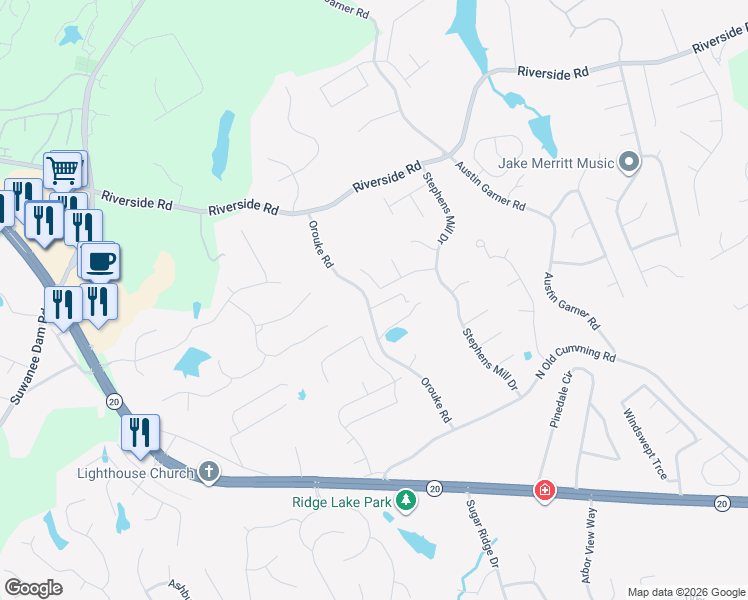 map of restaurants, bars, coffee shops, grocery stores, and more near 885 Millrace Way in Buford