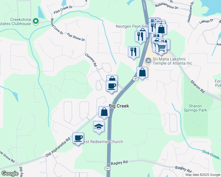 map of restaurants, bars, coffee shops, grocery stores, and more near 2660 Hillandale Circle in Cumming