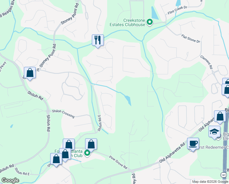 map of restaurants, bars, coffee shops, grocery stores, and more near 6413 Oakleigh Place in Alpharetta