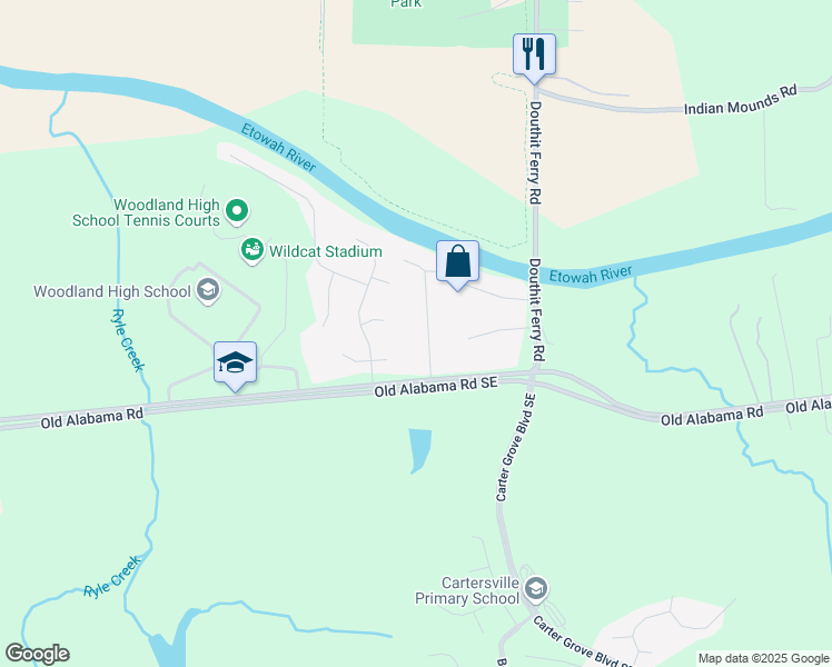 map of restaurants, bars, coffee shops, grocery stores, and more near 19 Riverview Court Southeast in Cartersville