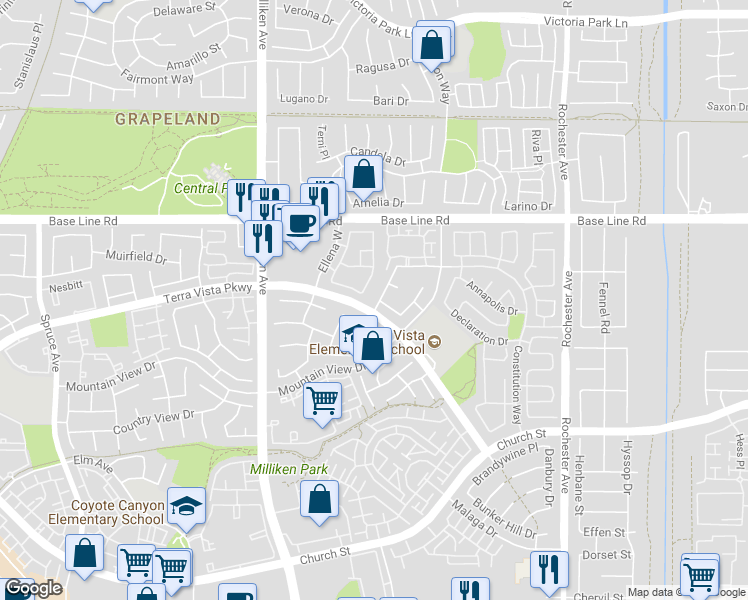 map of restaurants, bars, coffee shops, grocery stores, and more near 7480 Addison Road in Rancho Cucamonga