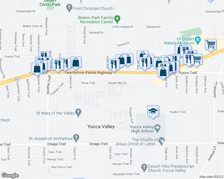 map of restaurants, bars, coffee shops, grocery stores, and more near in Yucca Valley