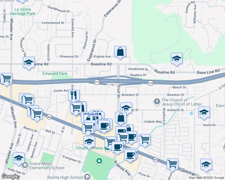 map of restaurants, bars, coffee shops, grocery stores, and more near 4345 Fruit Street in La Verne