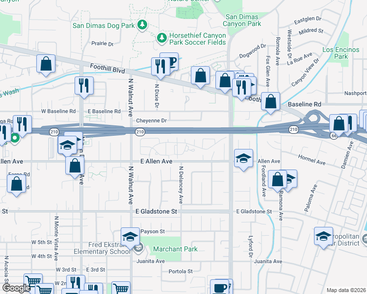 map of restaurants, bars, coffee shops, grocery stores, and more near 976 Malakoff Road in San Dimas