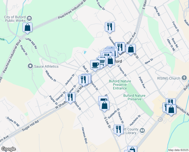 map of restaurants, bars, coffee shops, grocery stores, and more near 100 West Main Street in Buford