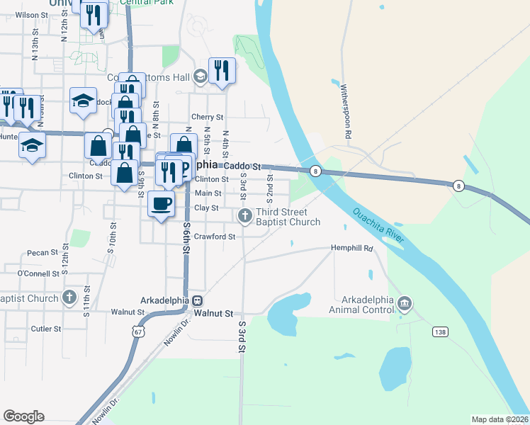 map of restaurants, bars, coffee shops, grocery stores, and more near 220 Clay Street in Arkadelphia