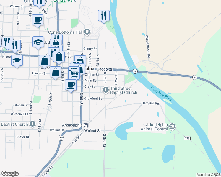 map of restaurants, bars, coffee shops, grocery stores, and more near 220 Clay Street in Arkadelphia