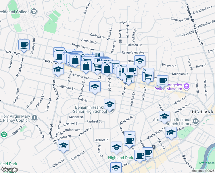 map of restaurants, bars, coffee shops, grocery stores, and more near 1109 North Avenue 54 in Los Angeles