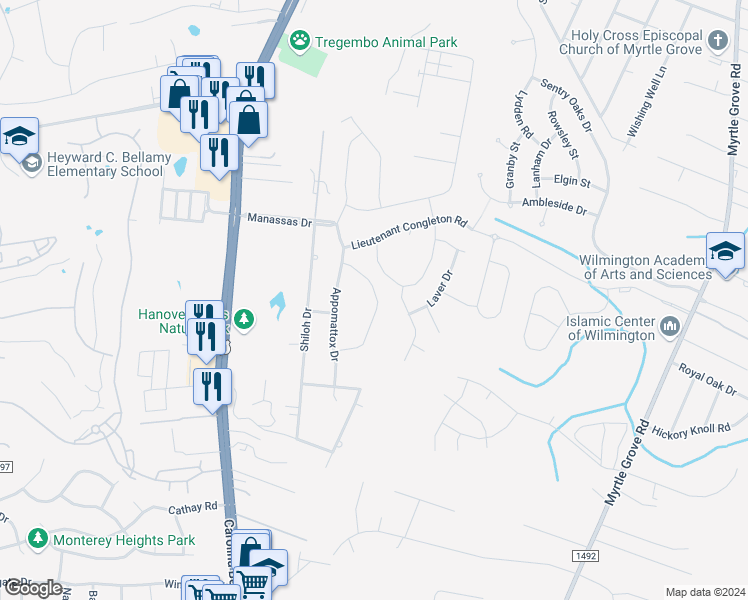 map of restaurants, bars, coffee shops, grocery stores, and more near 742 Liberty Landing Way in Wilmington