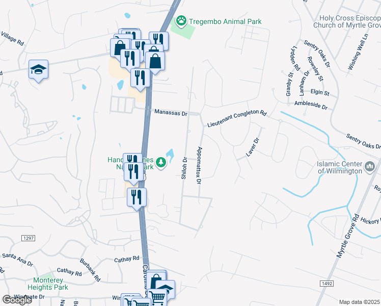 map of restaurants, bars, coffee shops, grocery stores, and more near 6045 Shiloh Drive in Wilmington
