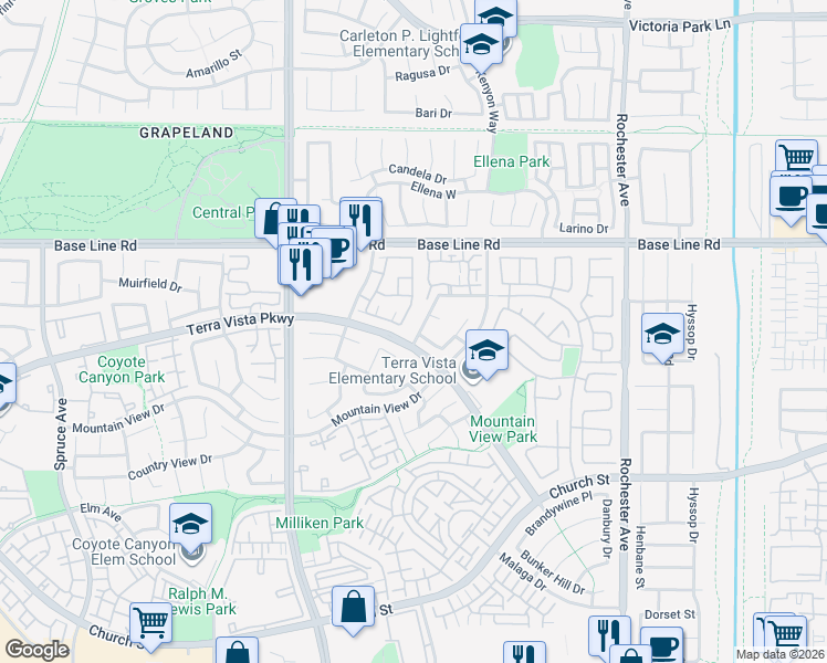map of restaurants, bars, coffee shops, grocery stores, and more near 7480 Addison Road in Rancho Cucamonga