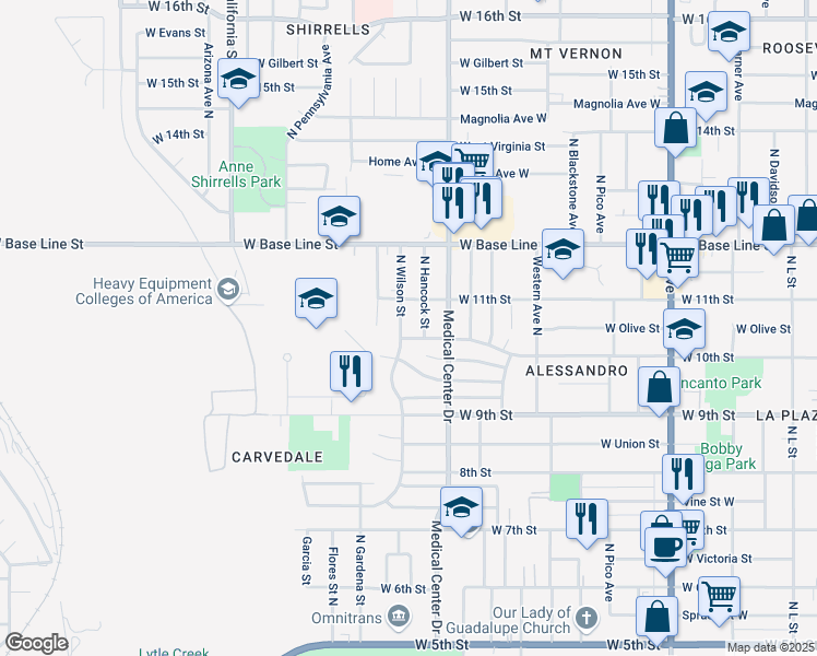 map of restaurants, bars, coffee shops, grocery stores, and more near 1053 Wilson Street in San Bernardino