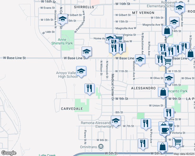 map of restaurants, bars, coffee shops, grocery stores, and more near 1053 North Madison Street in San Bernardino