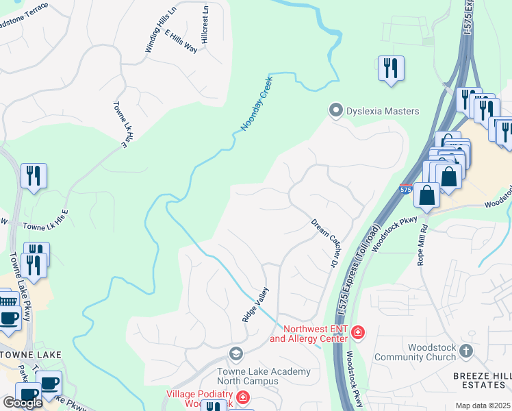 map of restaurants, bars, coffee shops, grocery stores, and more near 216 Beaver Creek Lane in Woodstock