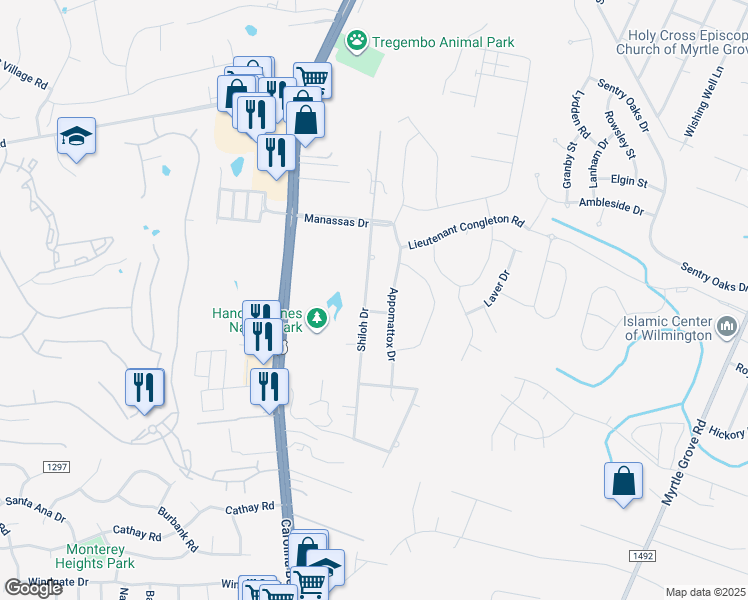map of restaurants, bars, coffee shops, grocery stores, and more near 6045 Shiloh Drive in Wilmington