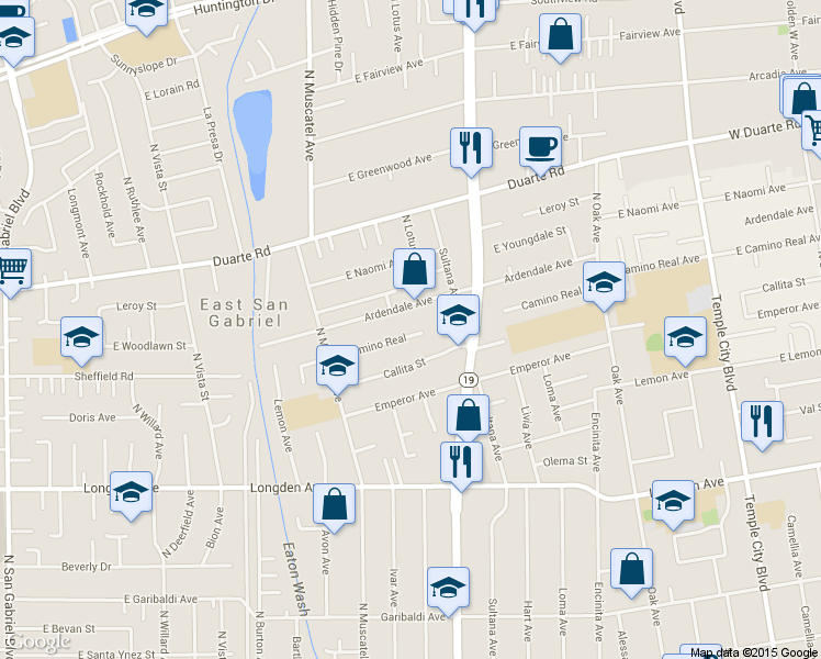 map of restaurants, bars, coffee shops, grocery stores, and more near 8915 Camino Real in San Gabriel