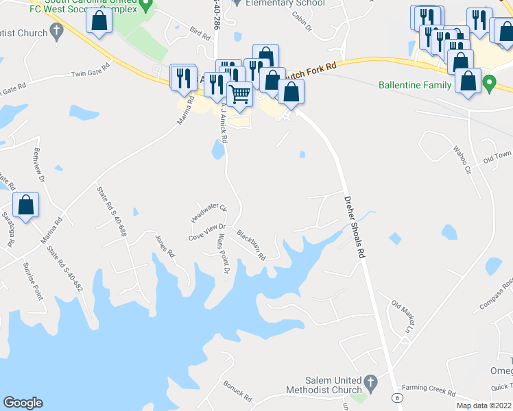 map of restaurants, bars, coffee shops, grocery stores, and more near 1121 A J Amick Road in Irmo