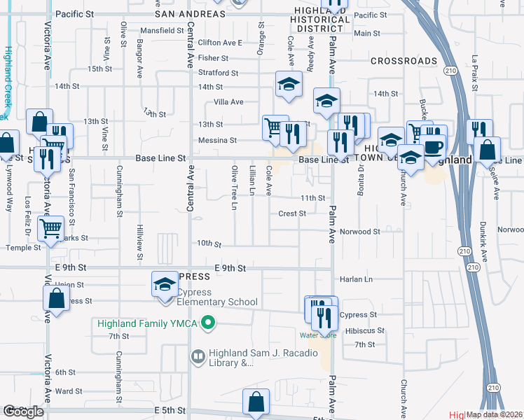 map of restaurants, bars, coffee shops, grocery stores, and more near 26245 East Baseline Street in Highland