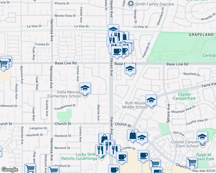 map of restaurants, bars, coffee shops, grocery stores, and more near 7431 Mesada Street in Rancho Cucamonga
