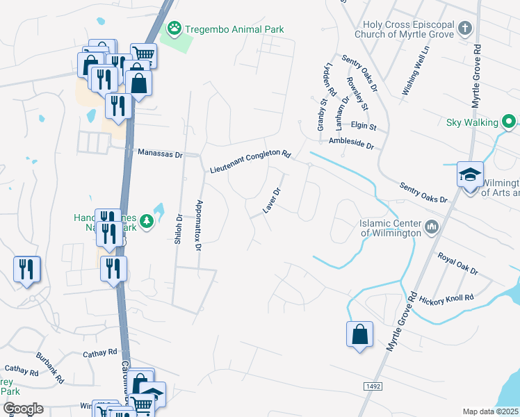 map of restaurants, bars, coffee shops, grocery stores, and more near 4609 Laver Drive in Wilmington