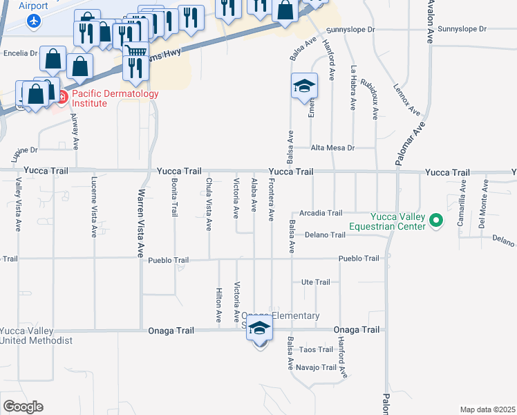 map of restaurants, bars, coffee shops, grocery stores, and more near 7411 Alaba Avenue in Yucca Valley
