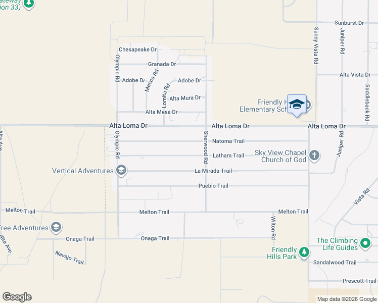 map of restaurants, bars, coffee shops, grocery stores, and more near 60432 Latham Trail in Joshua Tree