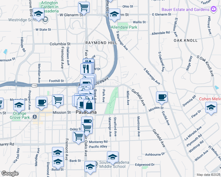 map of restaurants, bars, coffee shops, grocery stores, and more near 1751 Grevelia Street in South Pasadena