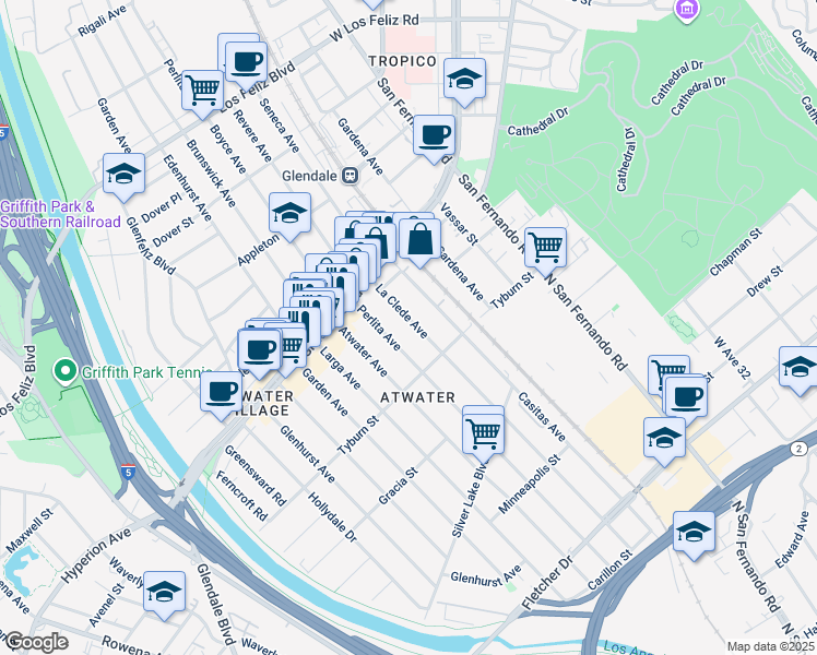 map of restaurants, bars, coffee shops, grocery stores, and more near 3448 La Clede Avenue in Los Angeles