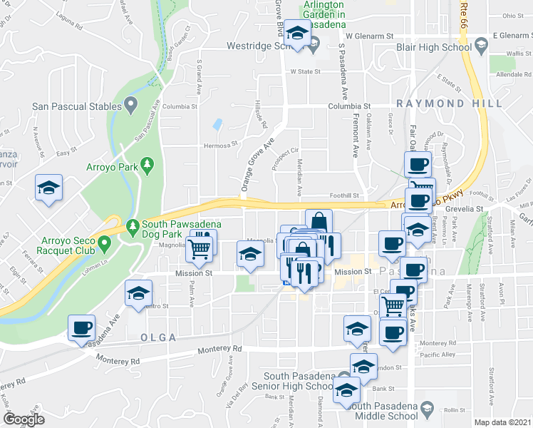 map of restaurants, bars, coffee shops, grocery stores, and more near 821 Grevelia Street in South Pasadena