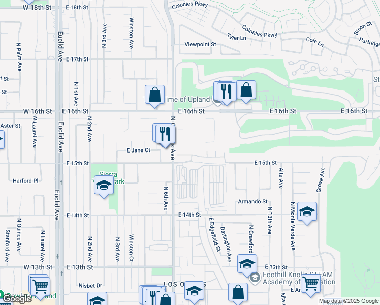 map of restaurants, bars, coffee shops, grocery stores, and more near 809 Sawtooth Drive in Upland