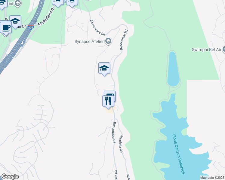 map of restaurants, bars, coffee shops, grocery stores, and more near 2405 Roscomare Road in Los Angeles