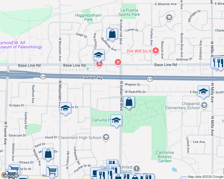 map of restaurants, bars, coffee shops, grocery stores, and more near 428 Champlain Drive in Claremont