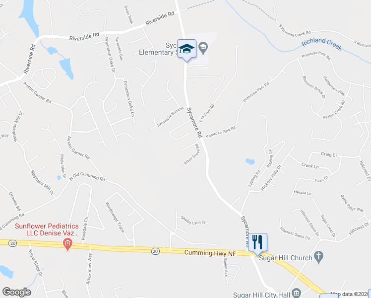 map of restaurants, bars, coffee shops, grocery stores, and more near 1061 Arbor Grove Way in Buford