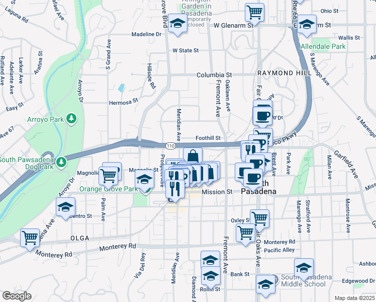 map of restaurants, bars, coffee shops, grocery stores, and more near 1015 Grevelia Street in South Pasadena