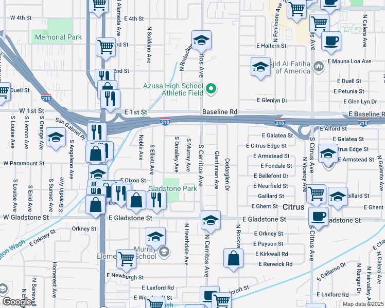 map of restaurants, bars, coffee shops, grocery stores, and more near 226 Murray Avenue in Azusa