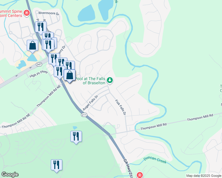 map of restaurants, bars, coffee shops, grocery stores, and more near 2540 Olney Falls Drive in Braselton