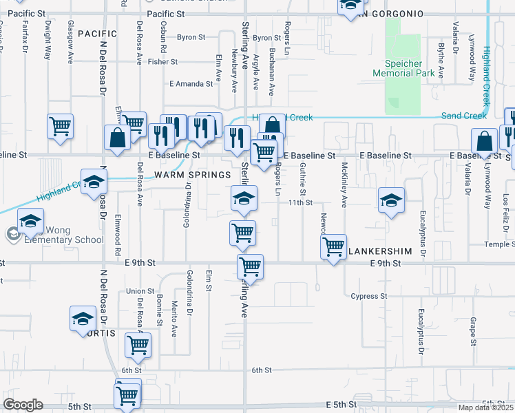 map of restaurants, bars, coffee shops, grocery stores, and more near 7405 Sterling Avenue in San Bernardino