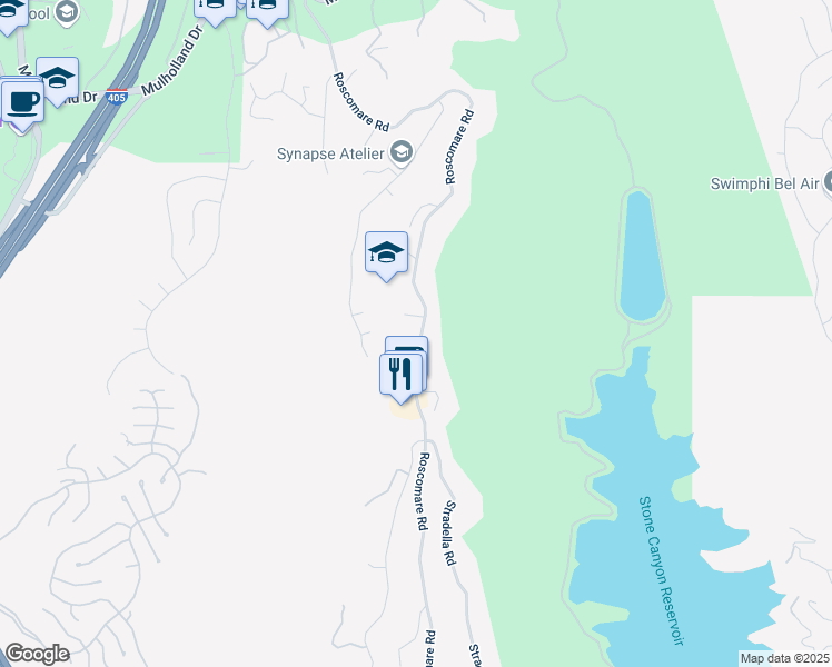 map of restaurants, bars, coffee shops, grocery stores, and more near 2391 Roscomare Road in Los Angeles