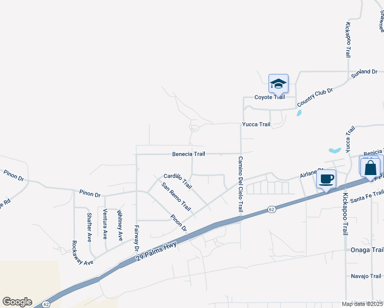 map of restaurants, bars, coffee shops, grocery stores, and more near Benecia Trail in Yucca Valley