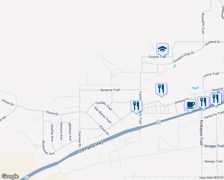 map of restaurants, bars, coffee shops, grocery stores, and more near Benecia Trail in Yucca Valley