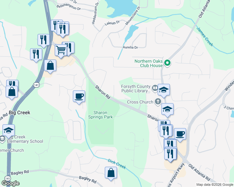 map of restaurants, bars, coffee shops, grocery stores, and more near 2030 Oak Lane in Cumming