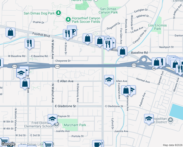 map of restaurants, bars, coffee shops, grocery stores, and more near 629 Calaveras Road in San Dimas