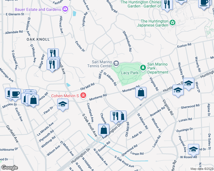map of restaurants, bars, coffee shops, grocery stores, and more near 1255 Saint Albans Road in San Marino