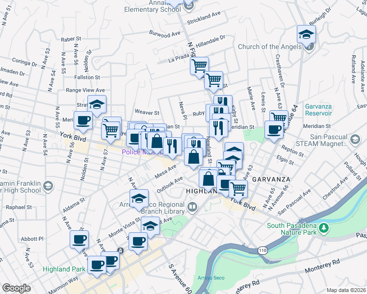 map of restaurants, bars, coffee shops, grocery stores, and more near 301 Branch Street in Los Angeles