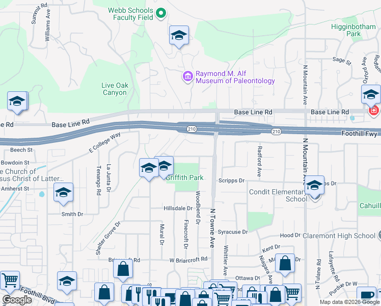 map of restaurants, bars, coffee shops, grocery stores, and more near 641 Ridgefield Drive in Claremont