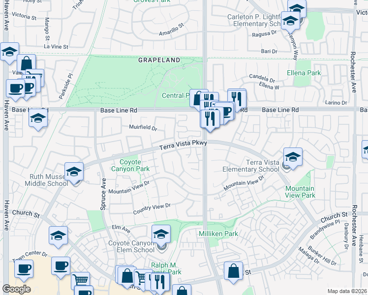 map of restaurants, bars, coffee shops, grocery stores, and more near 11209 Terra Vista Parkway in Rancho Cucamonga