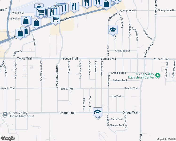 map of restaurants, bars, coffee shops, grocery stores, and more near 7390 Victoria Avenue in Yucca Valley